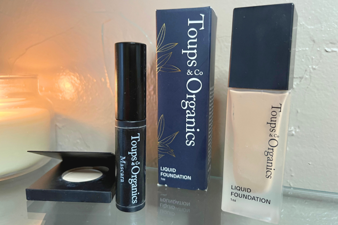 Toups and Co Organics makeup products on shelf